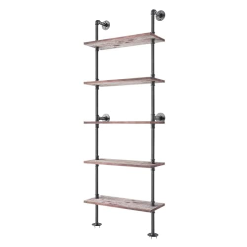 Industrial Pipe Solid Wood Ladder Shelf 5 Tier Wall Mounted Bookcase Storage