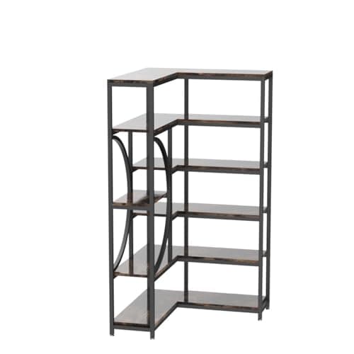 6-Tier Industrial Corner Bookshelf with Metal Frame, Rustic Brown