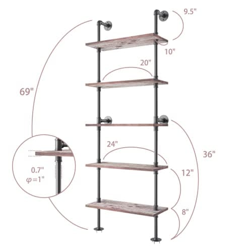 Industrial Pipe Solid Wood Ladder Shelf 5 Tier Wall Mounted Bookcase Storage
