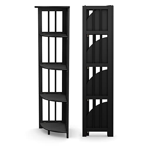 Folding Corner Bookshelf | Natural Wood Finish | 51x12.5x12.5 Inches | Book Shelf for Books and Trinkets | No Assembly Required | Foldable & Small for Home and Office