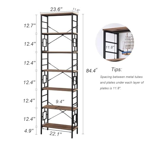 Industrial 7-Tier Tall Bookshelf with Metal Frame, Open Shelves, Rustic Brown Finish for Office, Living Room, Bedroom - 84 Inch