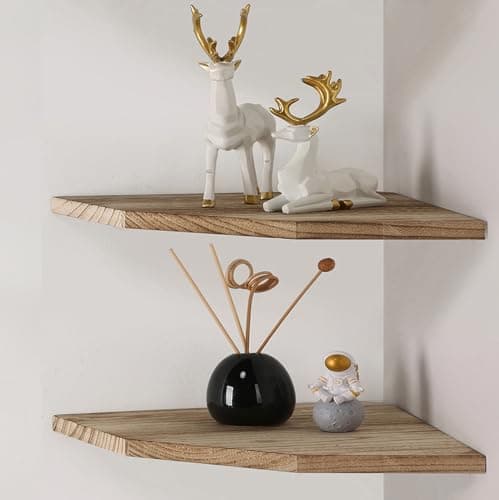 Rustic Wood Corner Wall Shelves Set, Carbonized Diamond 10 Inch Cable Ready