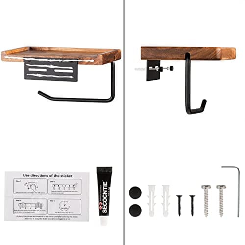 Black Toilet Paper Holder with Storage Shelf for Bathroom, Wall Mount with Adhesive & Screw
