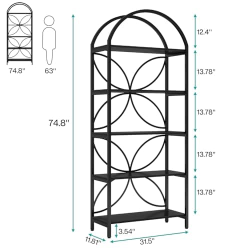 Tribesigns 5-Tier Industrial Bookshelf, Black Metal Frame Tall Bookcase