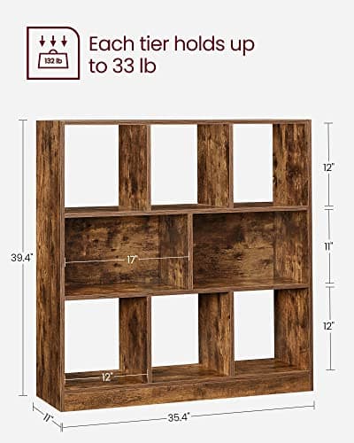 VASAGLE Multi-Use Bookcase, 11x35.4x39.4 Inches, 8 Open Shelves, Rustic Brown, ULicensed