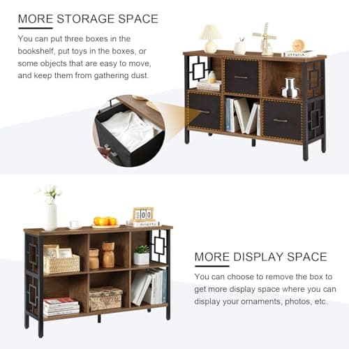 HOMISSUE 6 Cube Rustic Storage Shelf for Living Room and Office – Brown Metal Frame Bookcase with 3 Bins