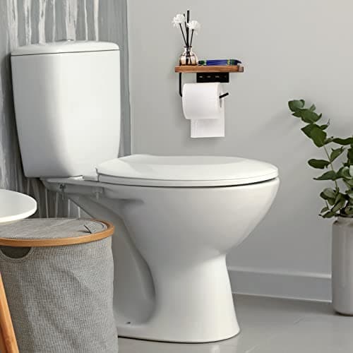 Black Toilet Paper Holder with Storage Shelf for Bathroom, Wall Mount with Adhesive & Screw