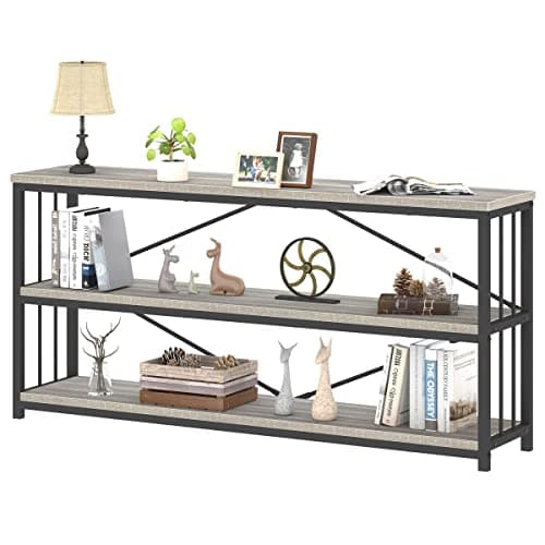 Rustic 3 Tier Bookshelf, Industrial Horizontal Wood Bookcase, Vintage Metal Etagere for Home Office Bedroom Living Room
