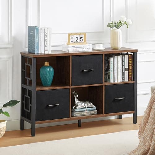 HOMISSUE 6 Cube Rustic Storage Shelf for Living Room and Office – Brown Metal Frame Bookcase with 3 Bins
