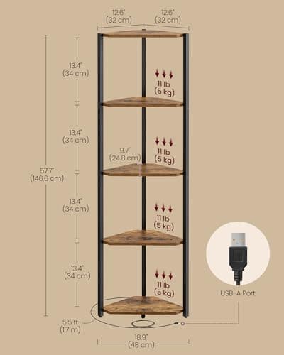 VASAGLE 5-Tier Corner Shelf with LED Lights, Rustic Brown
