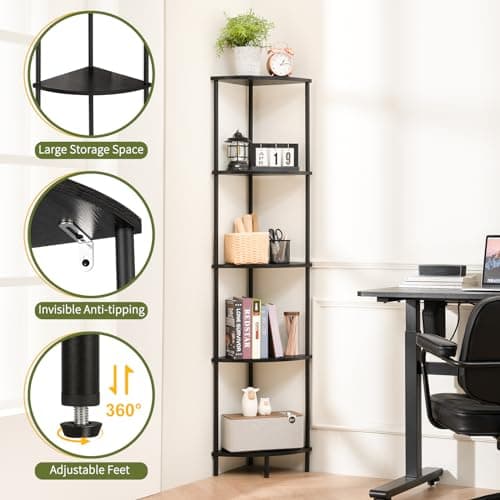 5-Tier Tall Black Corner Shelf for Bedroom and Office