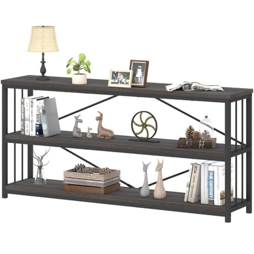 Rustic 3 Tier Bookshelf, Industrial Horizontal Wood Bookcase, Vintage Metal Etagere for Home Office Bedroom Living Room