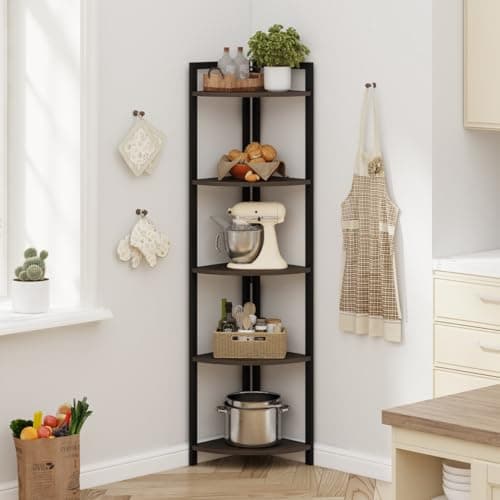 FATORRI Walnut Brown Rustic Tall 5-Tier Industrial Corner Bookshelf