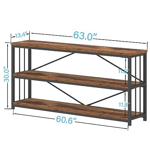 Rustic 3 Tier Bookshelf, Industrial Horizontal Wood Bookcase, Vintage Metal Etagere for Home Office Bedroom Living Room