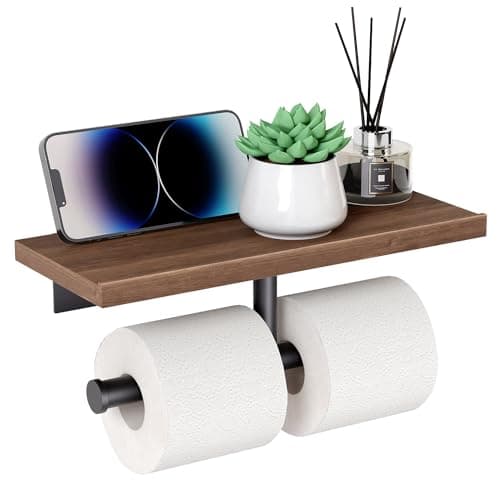 Wooden Wall Mounted Toilet Paper Holder with Shelf, Brushed Nickel Stainless Steel Bathroom Accessories