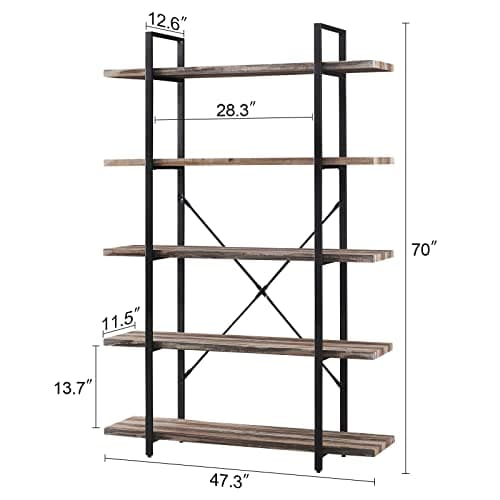 5-Tier Industrial Bookshelf for Home or Office, 70 Tall Rustic Storage Rack