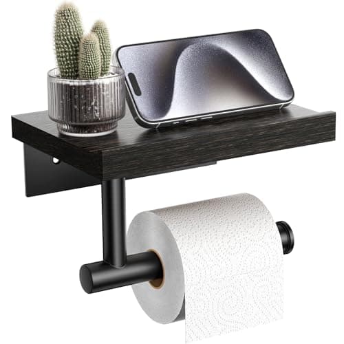 Wooden Wall Mounted Toilet Paper Holder with Shelf, Brushed Nickel Stainless Steel Bathroom Accessories