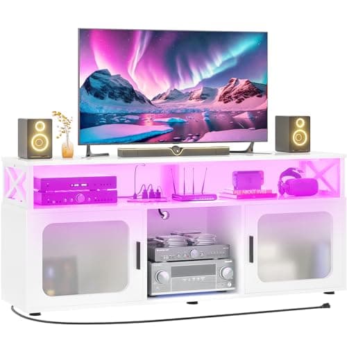 TV Stand for 55-60 Inch TV with LED Light, Charging Station, and Soundbar Shelf