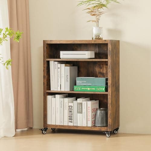 Industrial Style 3-Tier Bookshelf with Wheels and Adjustable Shelves