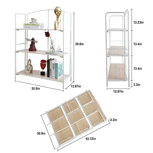 Folding 3 Tier White Metal Bookshelf for Office Storage