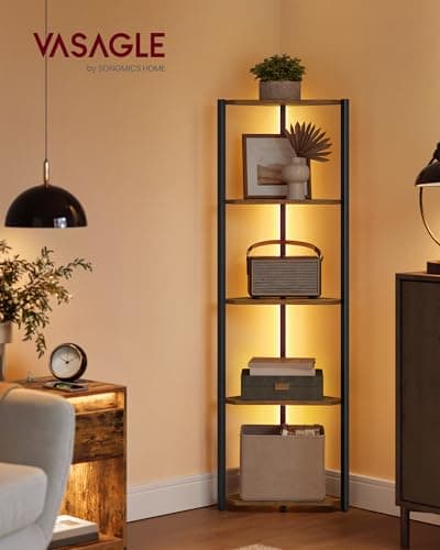 VASAGLE 5-Tier Corner Shelf with LED Lights, Rustic Brown