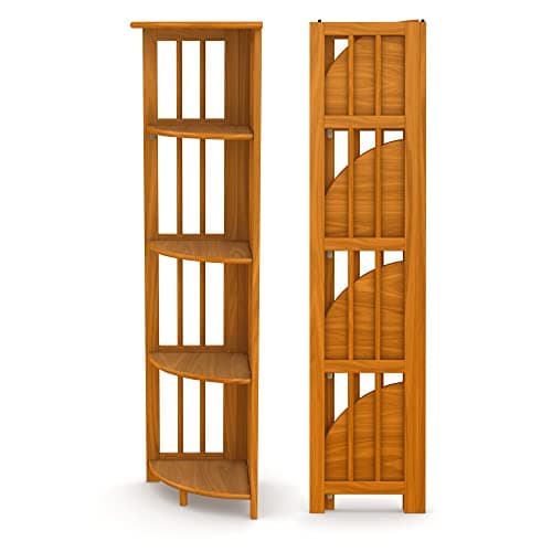Folding Corner Bookshelf | Natural Wood Finish | 51x12.5x12.5 Inches | Book Shelf for Books and Trinkets | No Assembly Required | Foldable & Small for Home and Office
