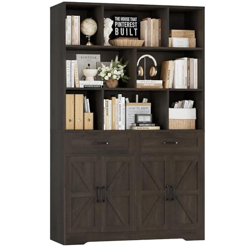 HOSTACK 71" Tall Dark Brown Bookcase with Drawer and Door