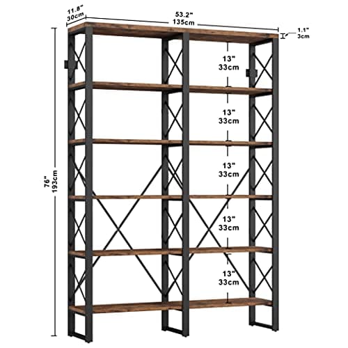 IRONCK Industrial Style Double Wide 6-Tier Wood and Metal Bookshelf, 76" Tall Home Office Bookcase, Easy Assembly