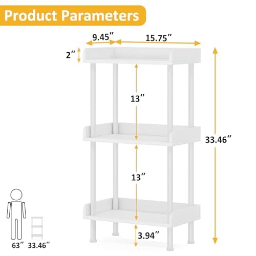 Small 3-Tier Wood Bookcase with Metal Edge Protection - White Industrial Bookshelf for Living Room Bedroom Home Office