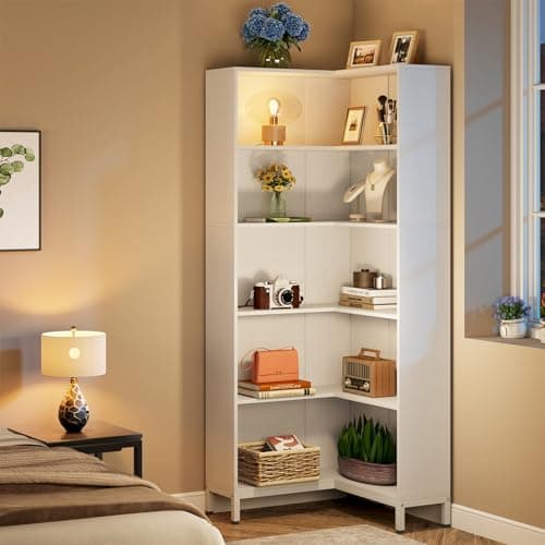 Corner Bookcase with 6-Tiers, Industrial Style Wooden Etagere Display Rack