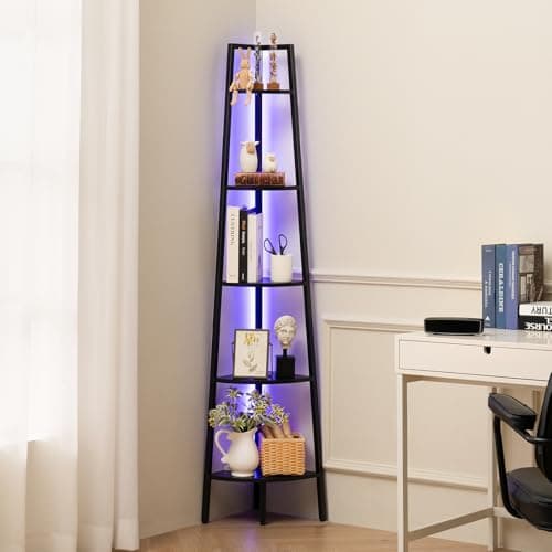 5-Tier Corner Shelf Stand with LED Light for Bedroom and Office