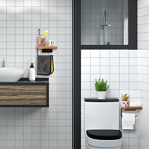 Black Toilet Paper Holder with Storage Shelf for Bathroom, Wall Mount with Adhesive & Screw