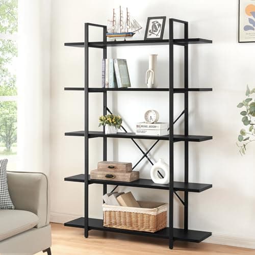 5 Tier Industrial Bookshelf for Bedroom, Living Room, Office - 70 Tall Rustic Storage Rack