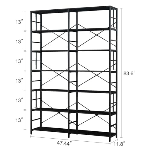 Wide 7-Tier Industrial Bookshelf with Metal Frame for Living Room and Office