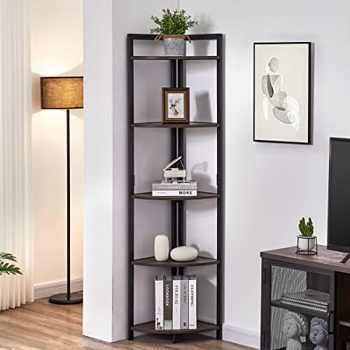 FATORRI Walnut Brown Rustic Tall 5-Tier Industrial Corner Bookshelf