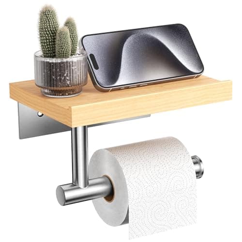 Wooden Wall Mounted Toilet Paper Holder with Shelf, Brushed Nickel Stainless Steel Bathroom Accessories