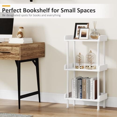 Small 3-Tier Wood Bookcase with Metal Edge Protection - White Industrial Bookshelf for Living Room Bedroom Home Office
