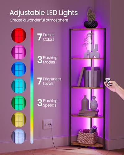 VASAGLE 5-Tier Corner Shelf with LED Lights, Rustic Brown