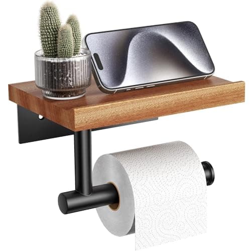 Wooden Wall Mounted Toilet Paper Holder with Shelf, Brushed Nickel Stainless Steel Bathroom Accessories