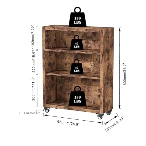 Industrial Style 3-Tier Bookshelf with Wheels and Adjustable Shelves