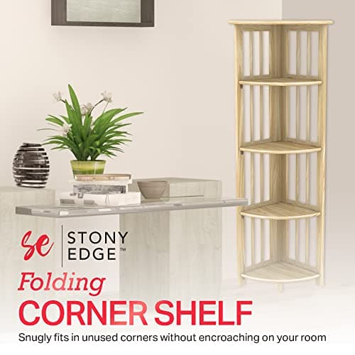 Folding Corner Bookshelf | Natural Wood Finish | 51x12.5x12.5 Inches | Book Shelf for Books and Trinkets | No Assembly Required | Foldable & Small for Home and Office