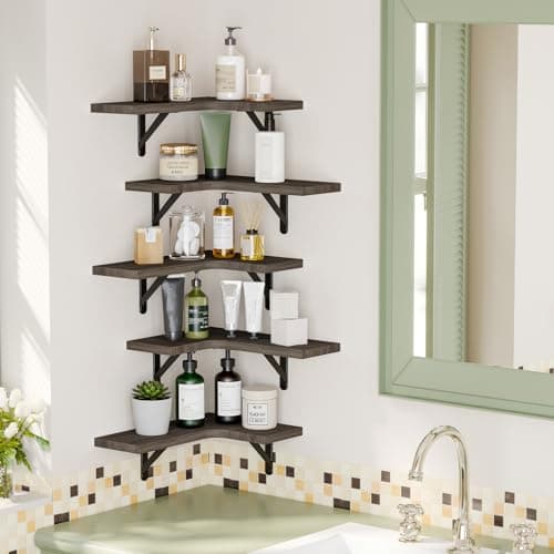 Fixwal Weathered Gray Corner Floating Shelves Set of 5 for Bathroom, Kitchen, and More