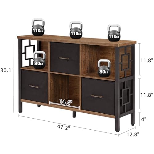 HOMISSUE 6 Cube Rustic Storage Shelf for Living Room and Office – Brown Metal Frame Bookcase with 3 Bins