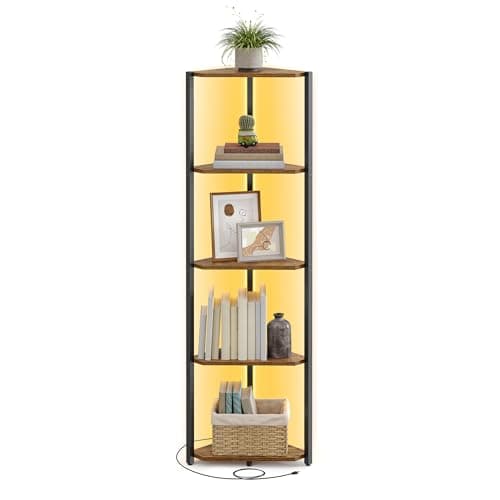 VASAGLE 5-Tier Corner Shelf with LED Lights, Rustic Brown