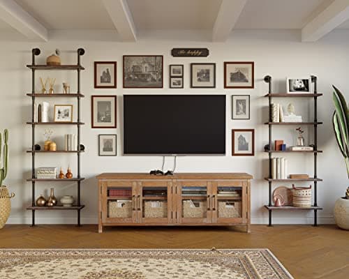 Industrial Pipe Solid Wood Ladder Shelf 5 Tier Wall Mounted Bookcase Storage