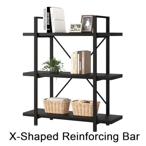 Modern 3 Tier Black Bookshelf - Industrial Metal Wooden Storage Shelf