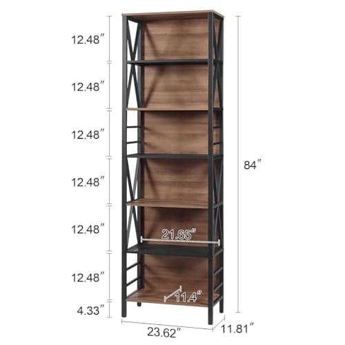 7-Tier Rustic Wood Metal Bookshelf for Home Office, Living Room and Bedroom