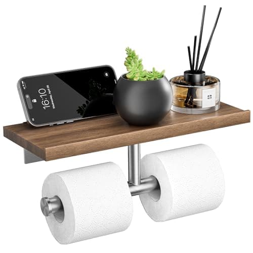 Wooden Wall Mounted Toilet Paper Holder with Shelf, Brushed Nickel Stainless Steel Bathroom Accessories