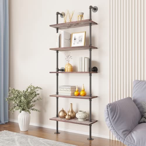 Industrial Pipe Solid Wood Ladder Shelf 5 Tier Wall Mounted Bookcase Storage