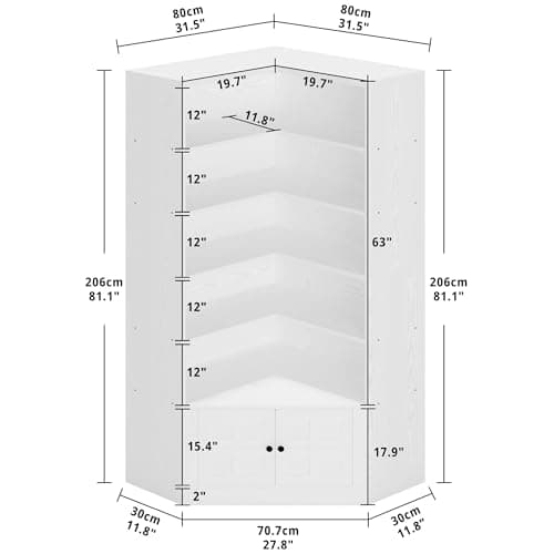 81 White Corner Bookshelf with Door for Home Office or Living Room